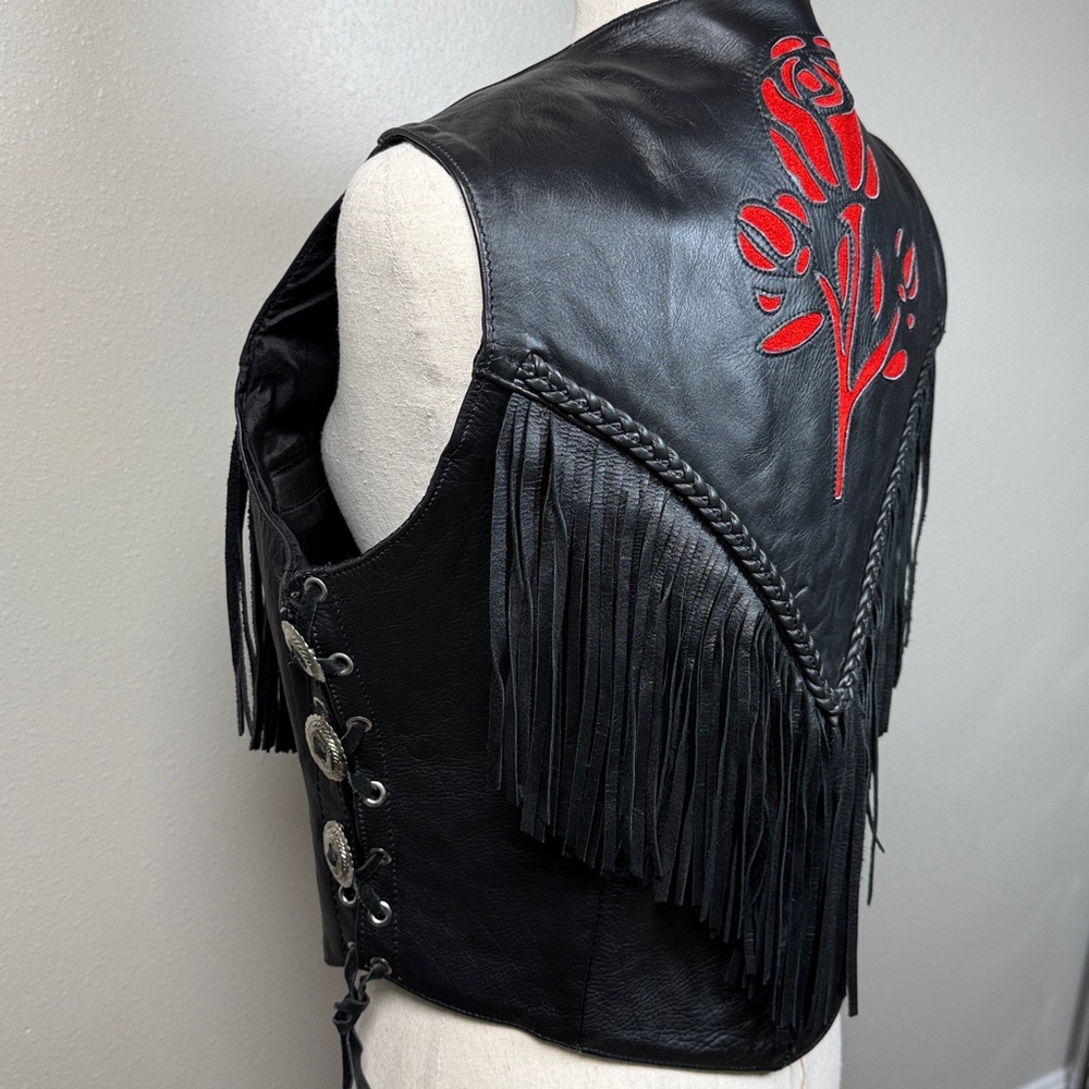 VTG S&S Cycle Black Leather Biker Vest Women L TX Rose Fringe Yoke Concho Moto - Picture 8 of 17